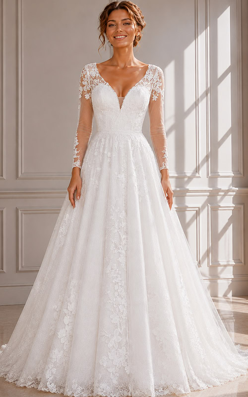 Lace A-Line Wedding Dress with Long Illusion Sleeves and Floral Appliqué Details