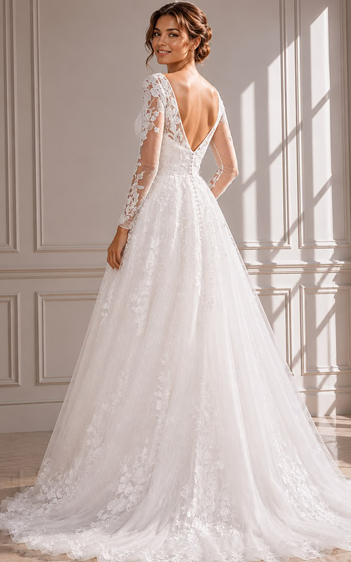Classic A-Line Bridal Gown with Floral Lace Overlay, Illusion Sleeves, and Soft Tulle Skirt