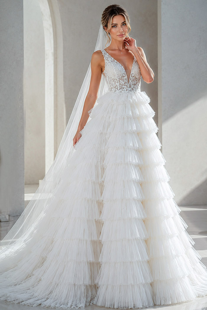 white tulle deep V neck A-line wedding dress with beaded sheer bodice and tiered ruffle skirt, front view, Jovani Bridal style JB43318