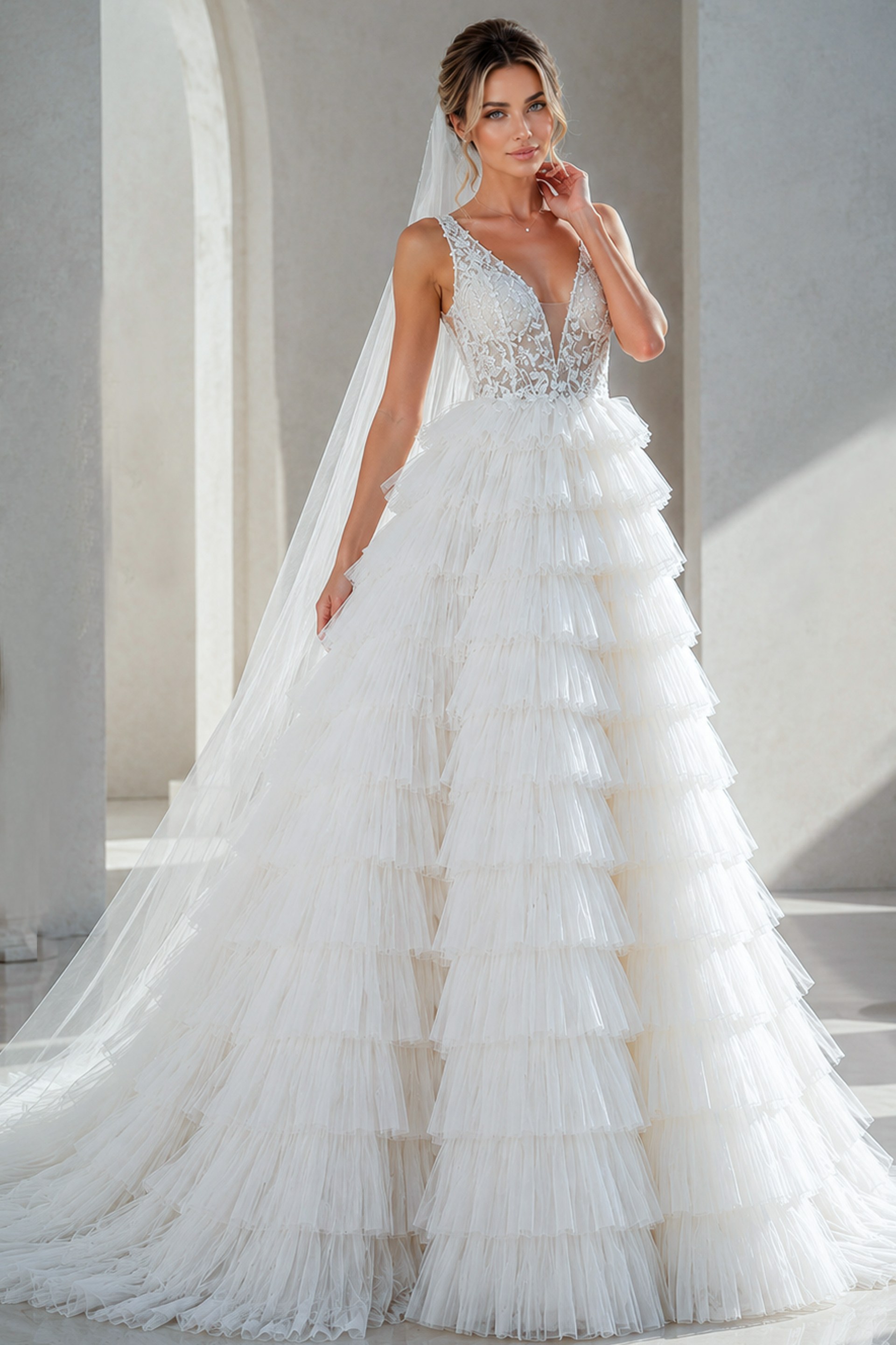 white tulle deep V neck A-line wedding dress with beaded sheer bodice and tiered ruffle skirt, front view, Jovani Bridal style JB43318