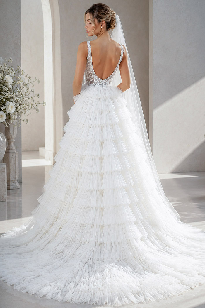 white tulle deep V neck A-line wedding dress with beaded sheer bodice and tiered ruffle skirt, front view, Jovani Bridal style JB43318