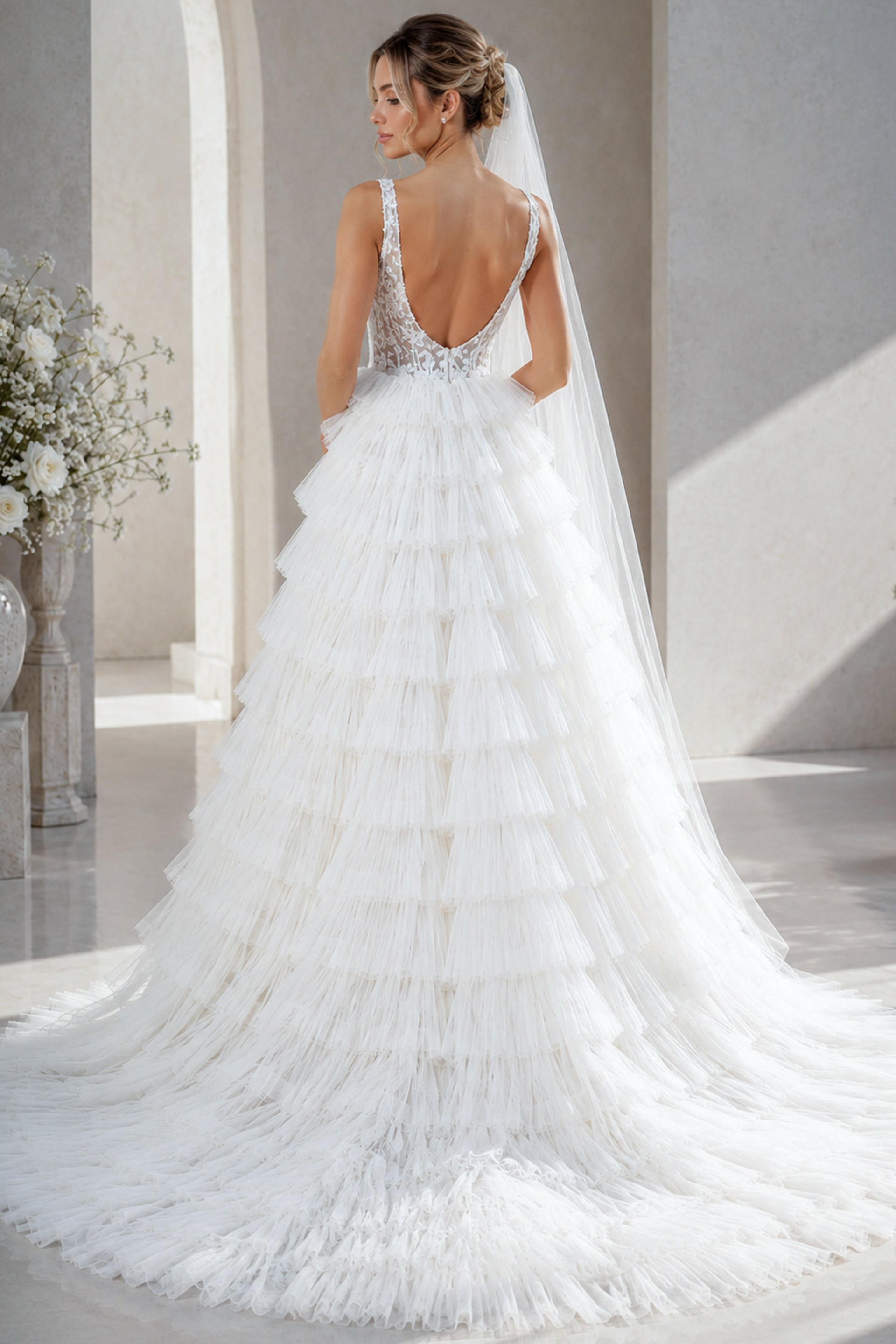 white tulle deep V neck A-line wedding dress with beaded sheer bodice and tiered ruffle skirt, front view, Jovani Bridal style JB43318