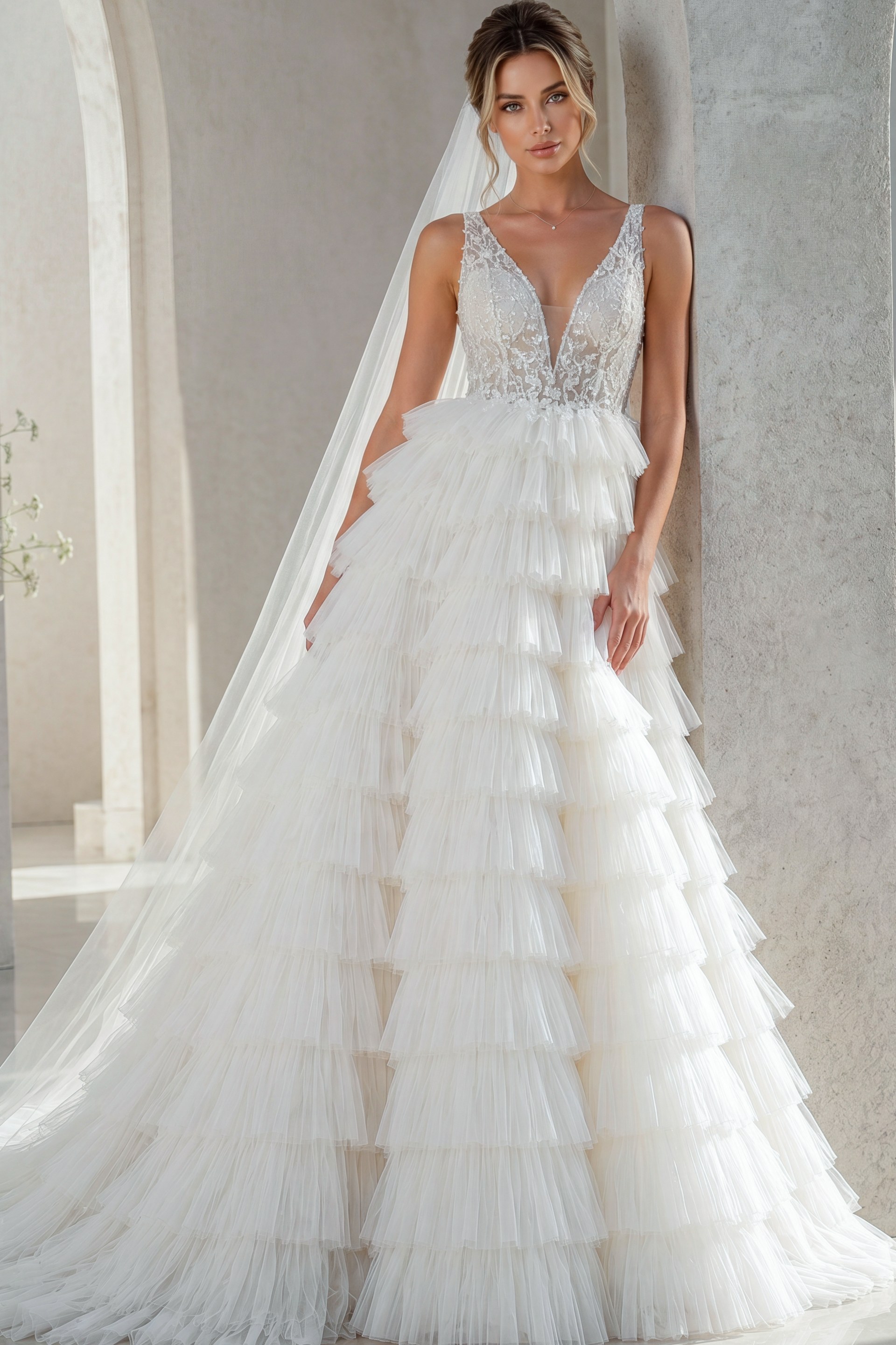 white tulle deep V neck A-line wedding dress with beaded sheer bodice and tiered ruffle skirt, front view, Jovani Bridal style JB43318