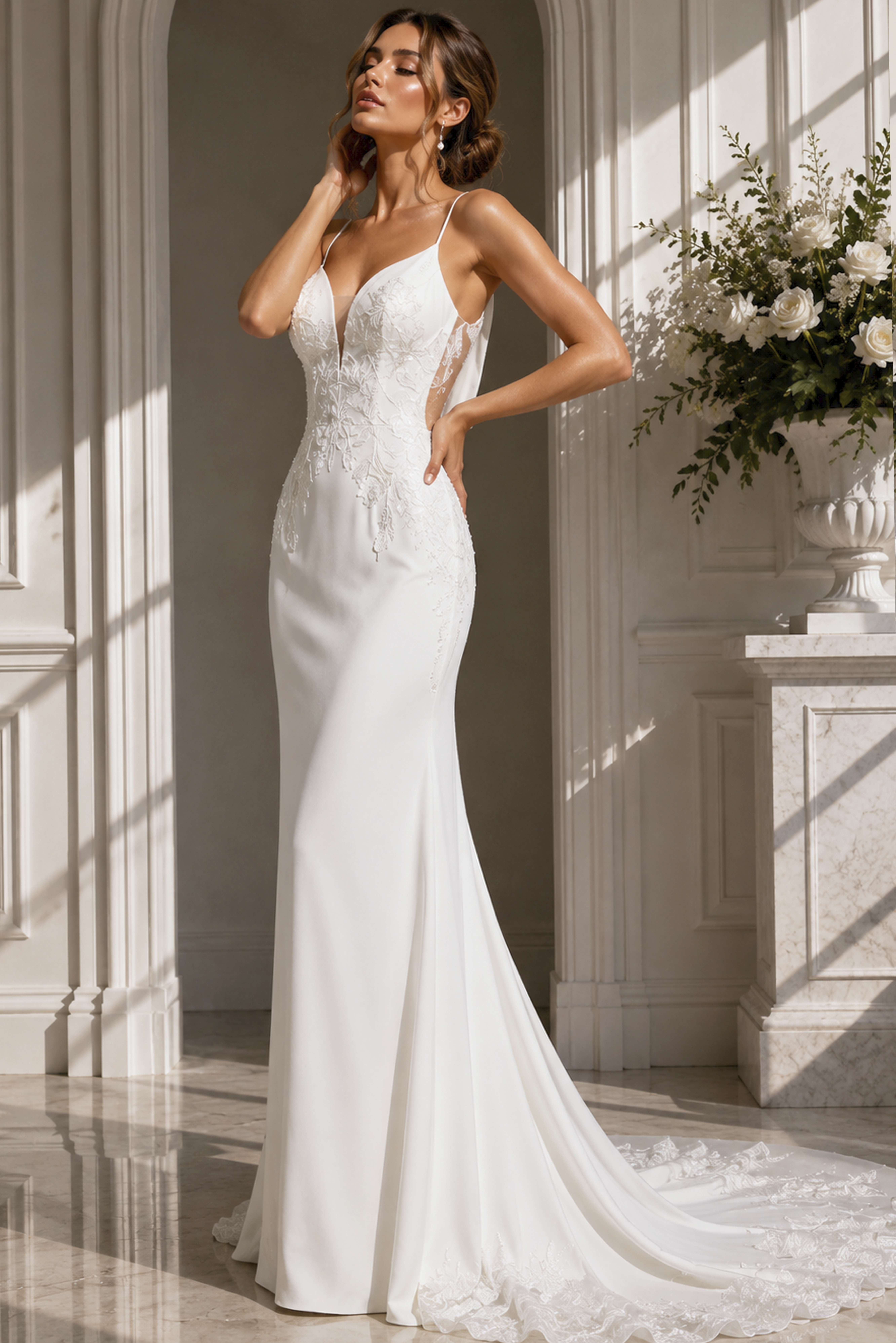Sophisticated Fit-and-Flare Dress – Clean, sculpted shape with a plunging neckline, open back, and graceful train.