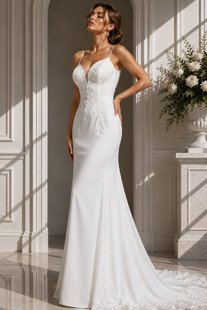 Low Back Bridal Dress – Elegant fitted gown featuring a draped cowl back and timeless button detailing.