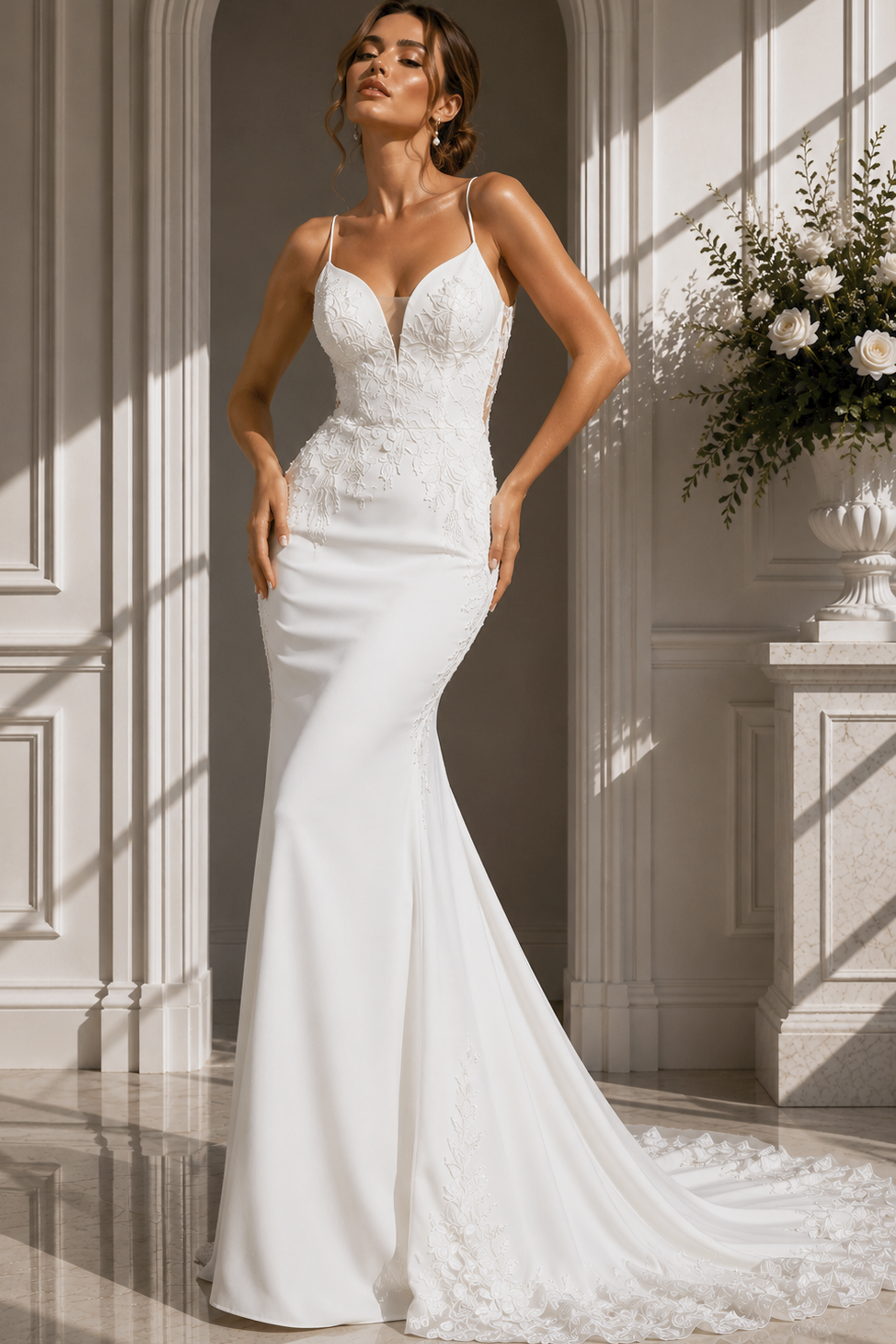Minimalist Crepe Mermaid Gown – Sleek silhouette with delicate lace appliqué, spaghetti straps, and a soft chapel train.