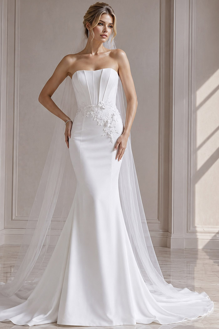 white satin strapless fitted mermaid wedding dress with corset bodice, 3D floral waist applique and tulle cape veil, front view, Jovani Bridal style JB43816