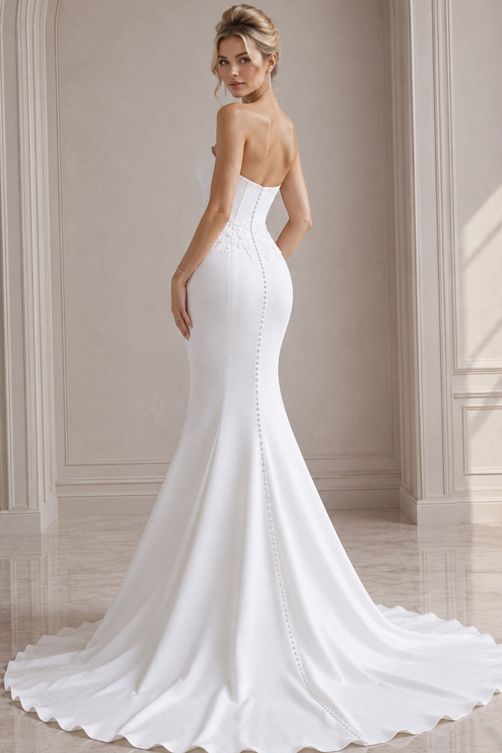 white satin strapless fitted mermaid wedding dress with corset bodice, 3D floral waist applique and tulle cape veil, front view, Jovani Bridal style JB43816