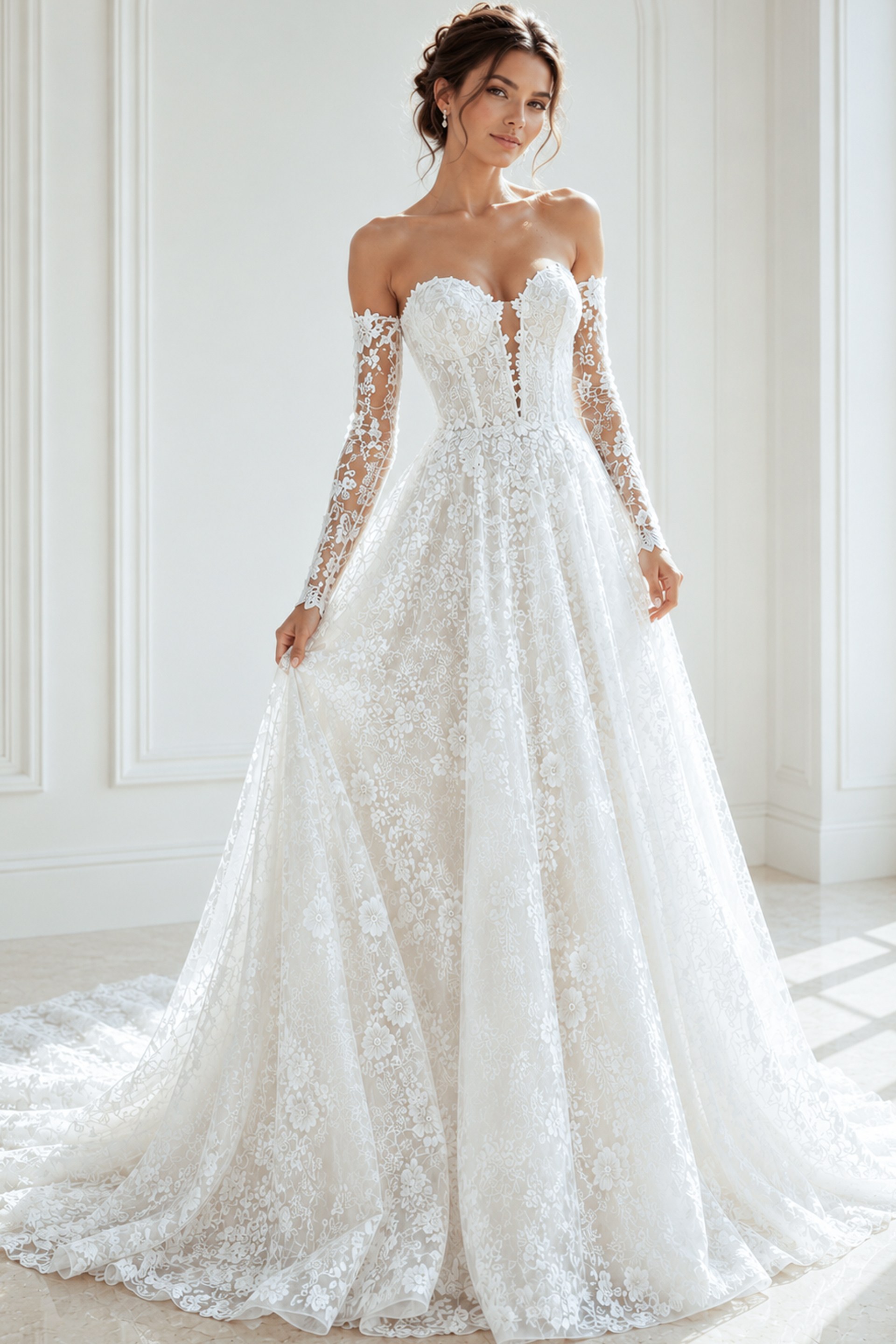 ivory floral lace A-line wedding dress with strapless sweetheart neckline and detachable off the shoulder lace long sleeves, front view, Jovani Bridal style JB43864