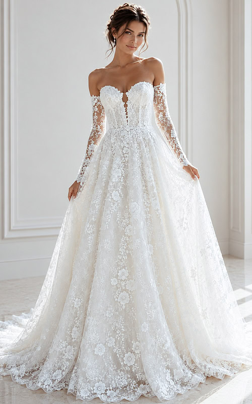 ivory floral lace A-line wedding dress with strapless sweetheart neckline and detachable off the shoulder lace long sleeves, front view, Jovani Bridal style JB43864