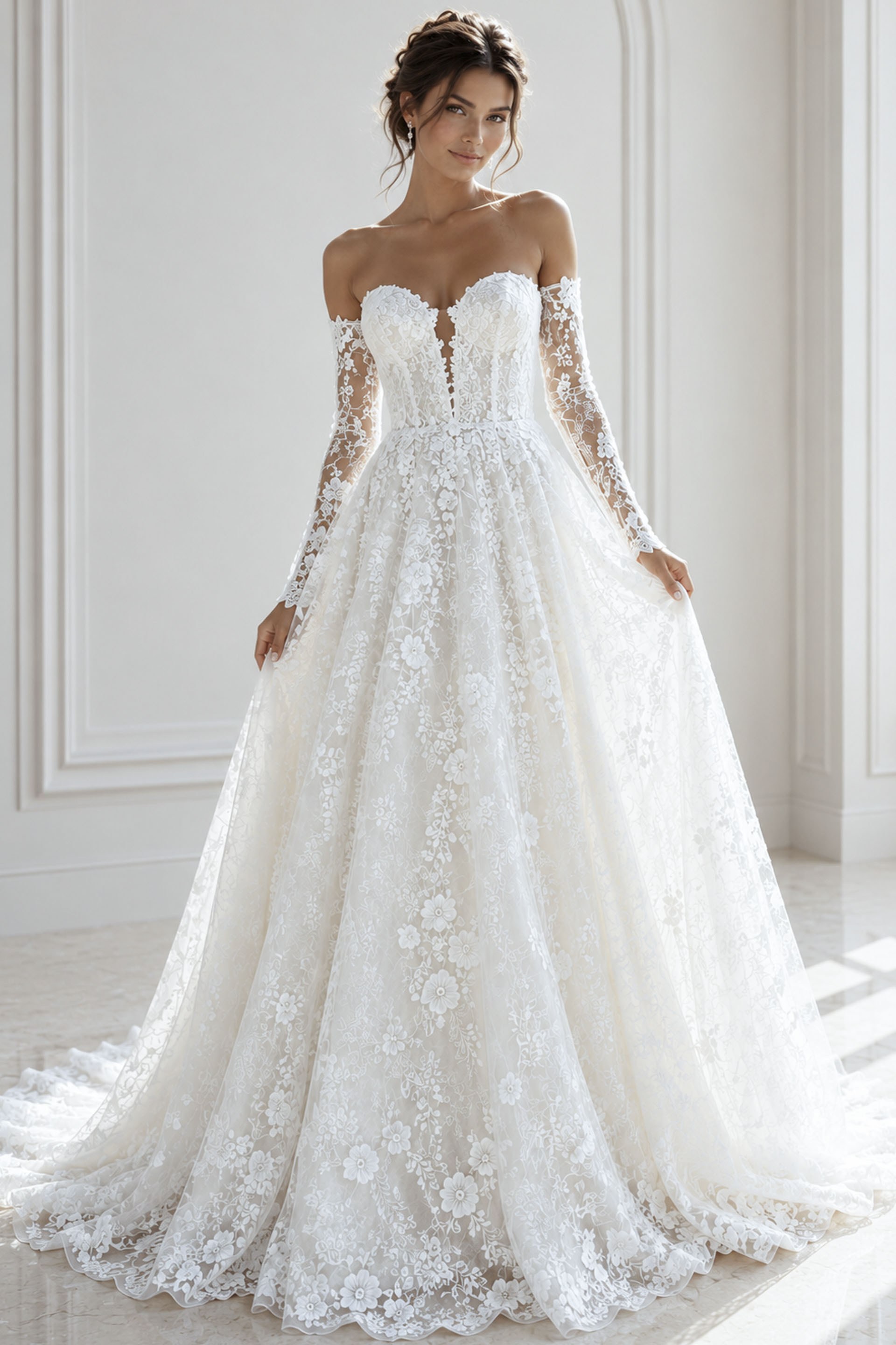 ivory floral lace A-line wedding dress with strapless sweetheart neckline and detachable off the shoulder lace long sleeves, front view, Jovani Bridal style JB43864
