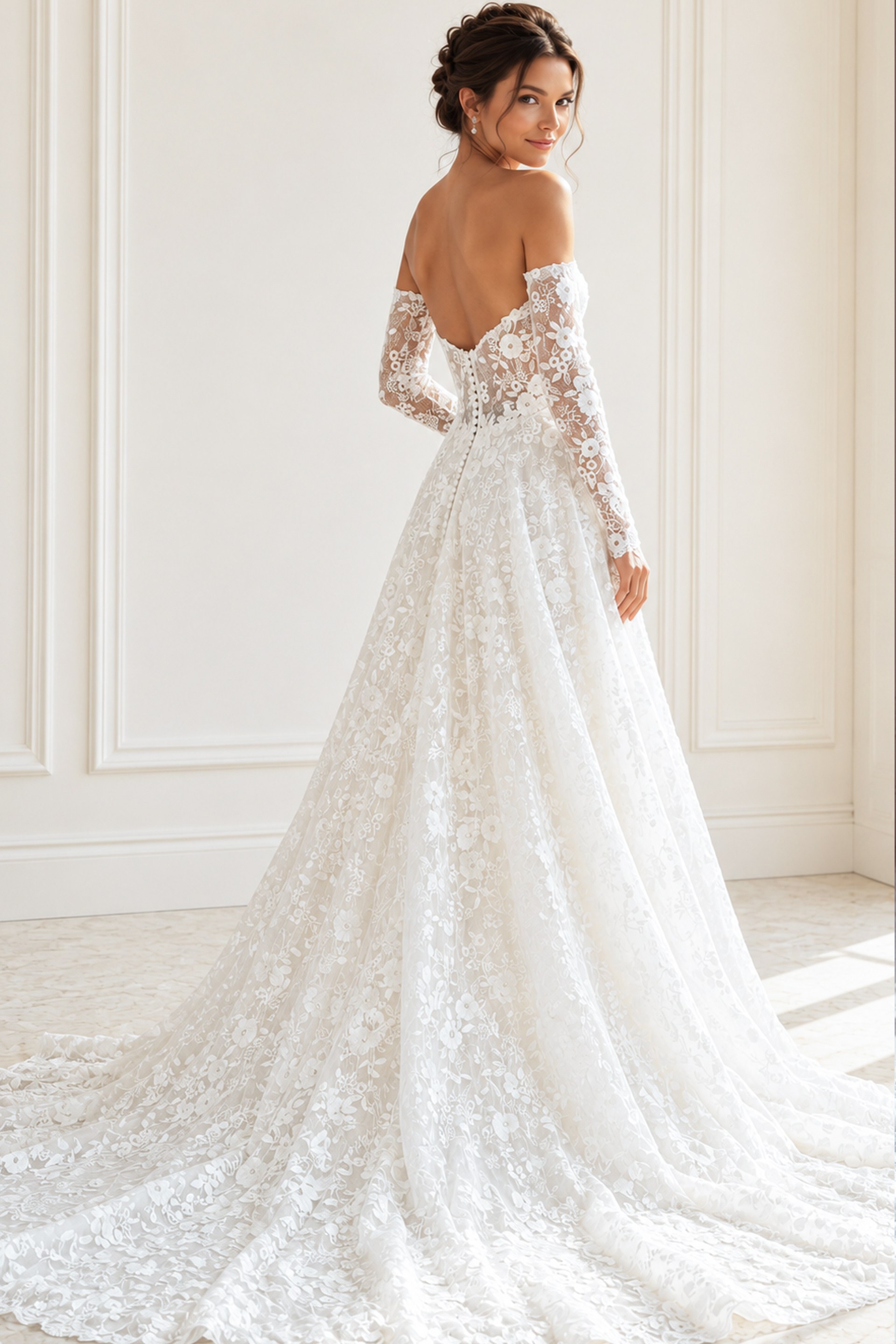 back view of ivory floral lace A-line wedding dress with strapless sweetheart neckline and detachable off the shoulder lace long sleeves, Jovani Bridal style JB43864
