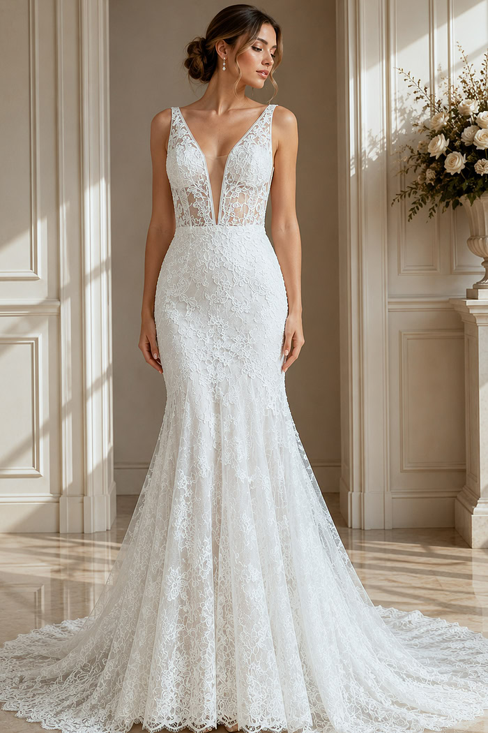 Figure-hugging mermaid gown with floral lace and a plunging illusion neckline.
