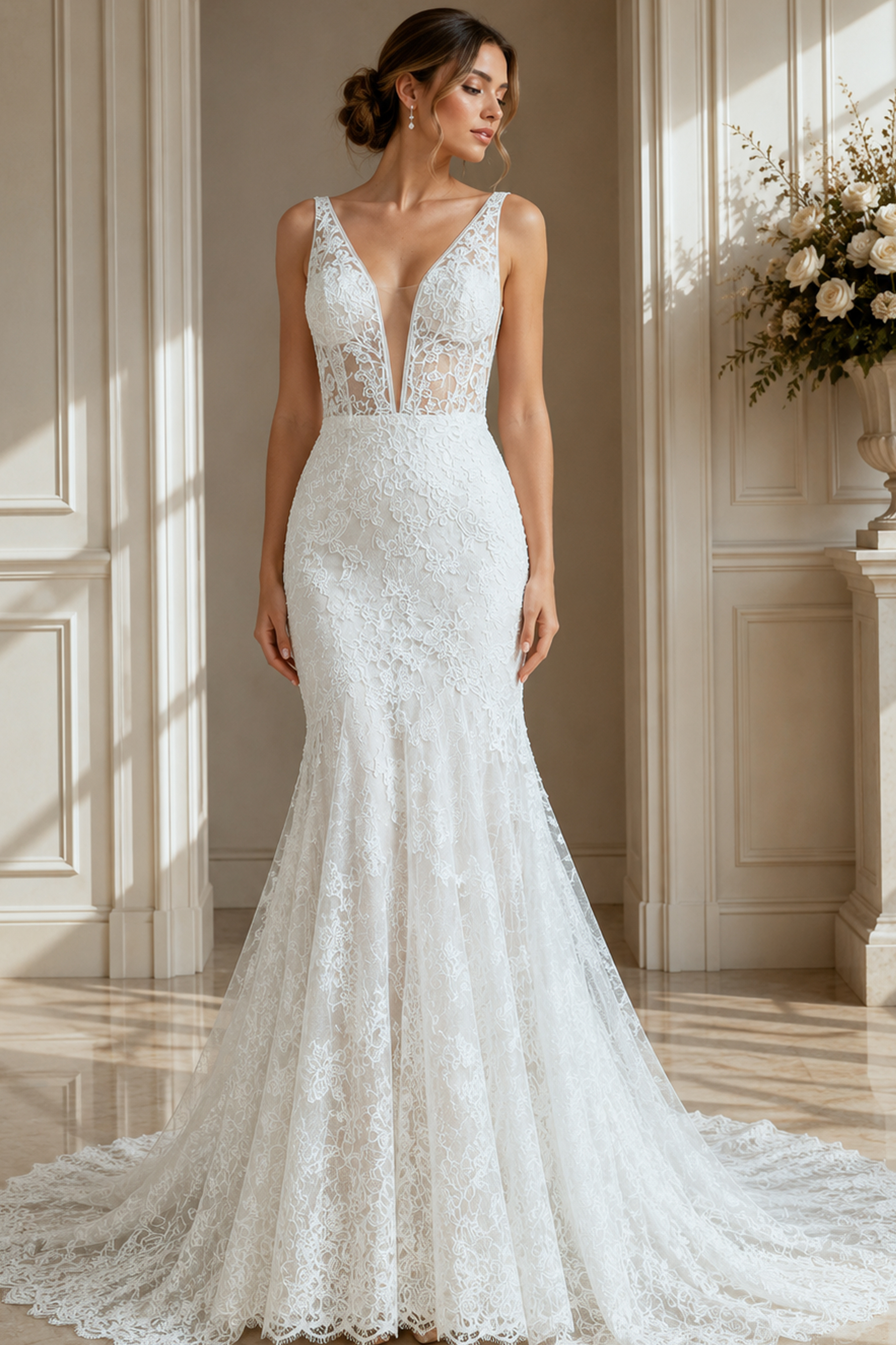 Figure-hugging mermaid gown with floral lace and a plunging illusion neckline.