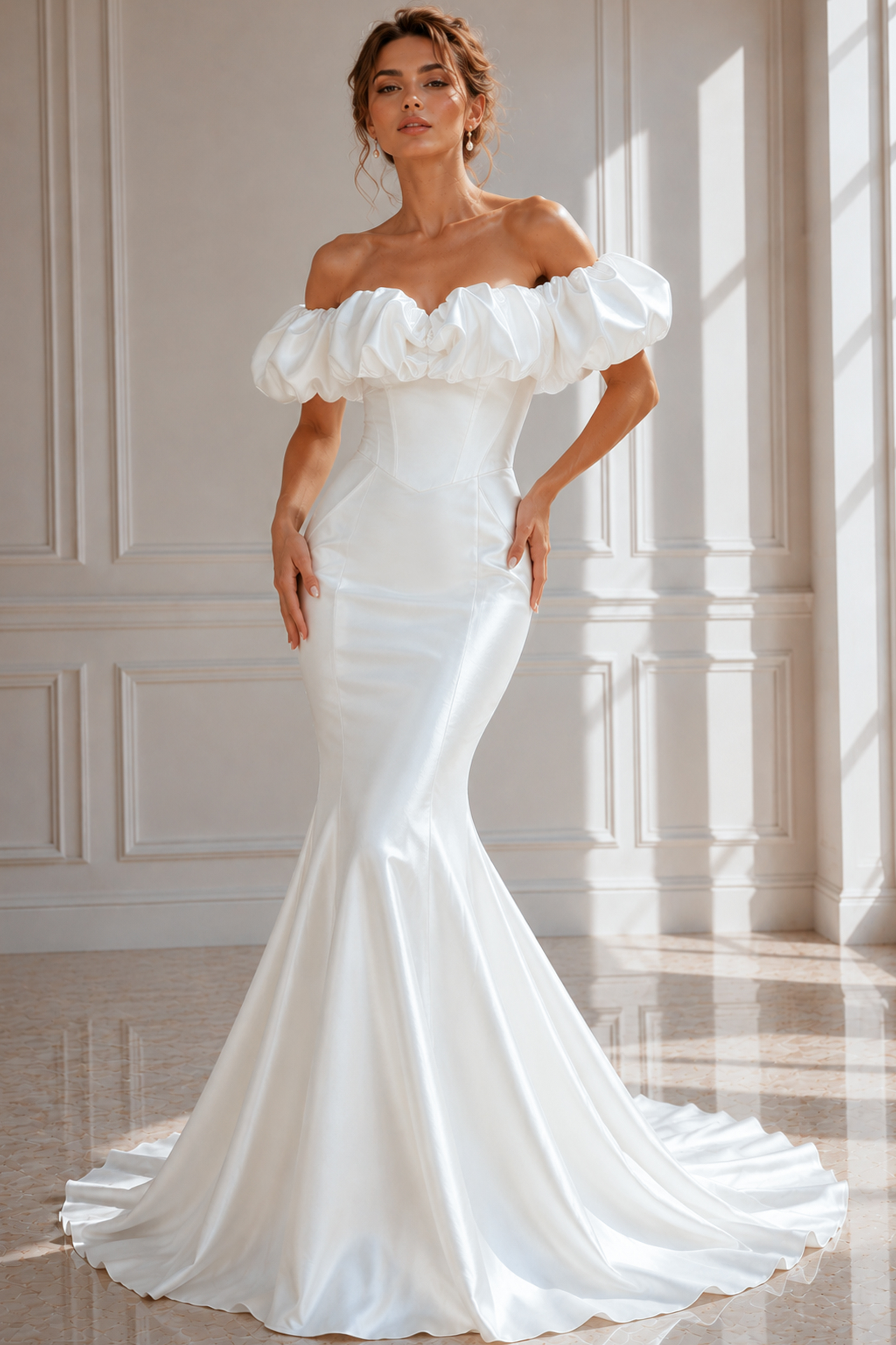 Modern Satin Wedding Dress with Structured Corset Bodice and Button-Back Detail