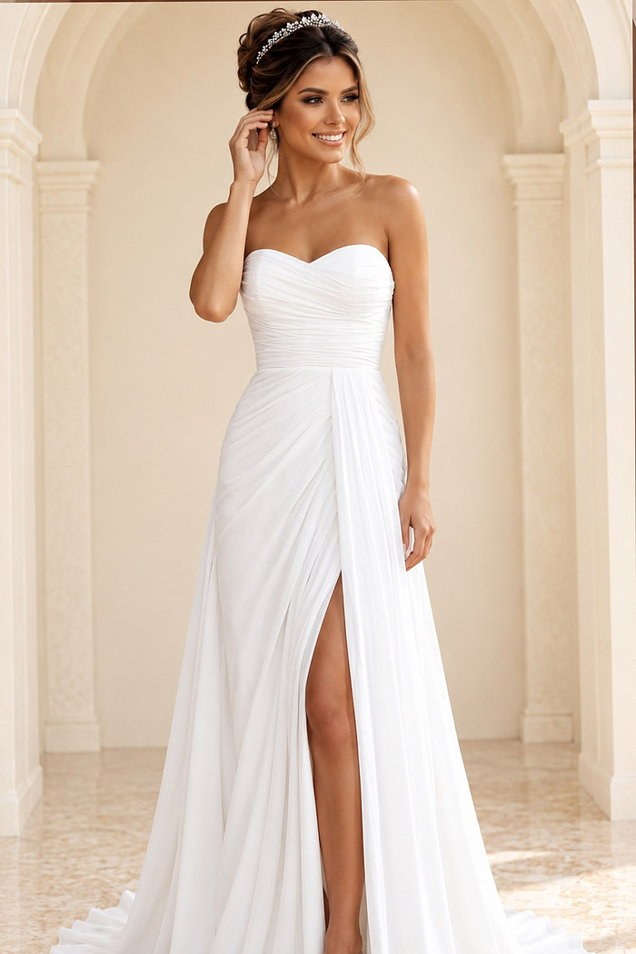 white chiffon strapless A-line wedding dress with sweetheart ruched bodice and high slit draped skirt, front view, Jovani Bridal style JB43897