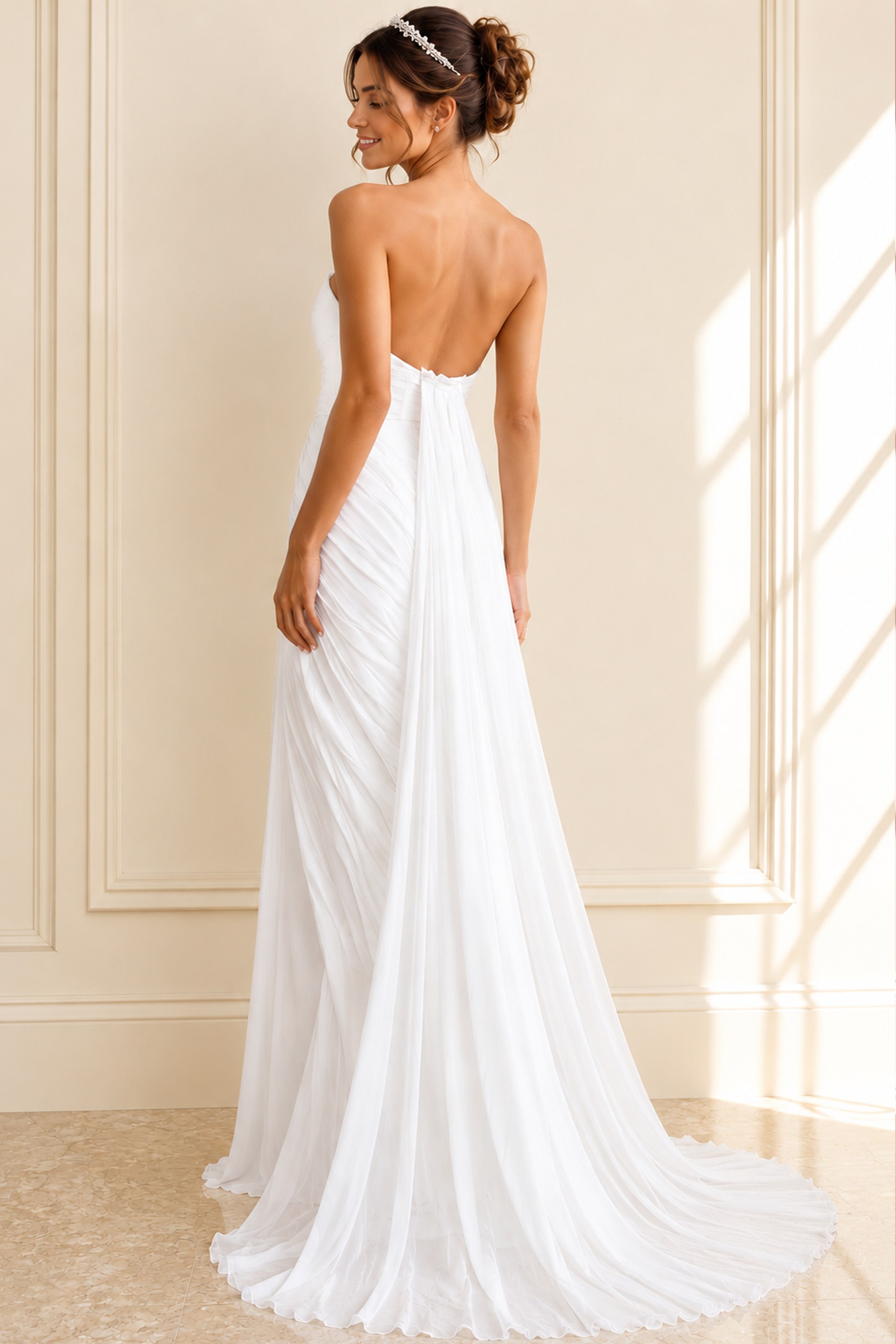 white chiffon strapless A-line wedding dress with sweetheart ruched bodice and high slit draped skirt, front view, Jovani Bridal style JB43897
