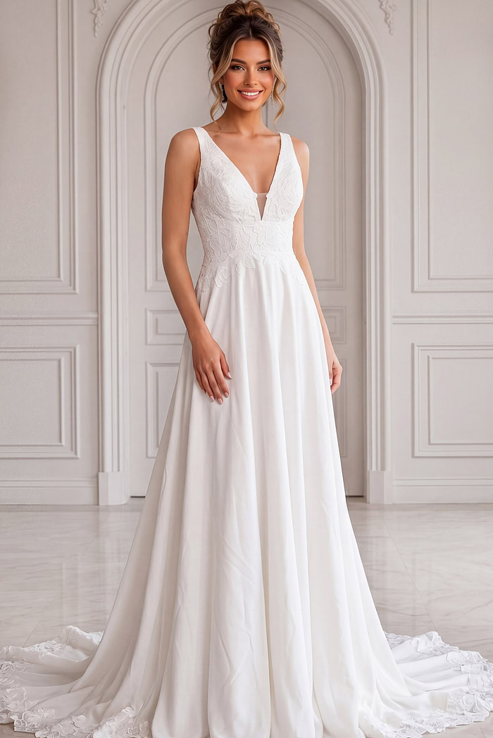 ivory floral lace V neck A-line wedding dress with wide straps and chiffon skirt, front view, Jovani Bridal style JB43905