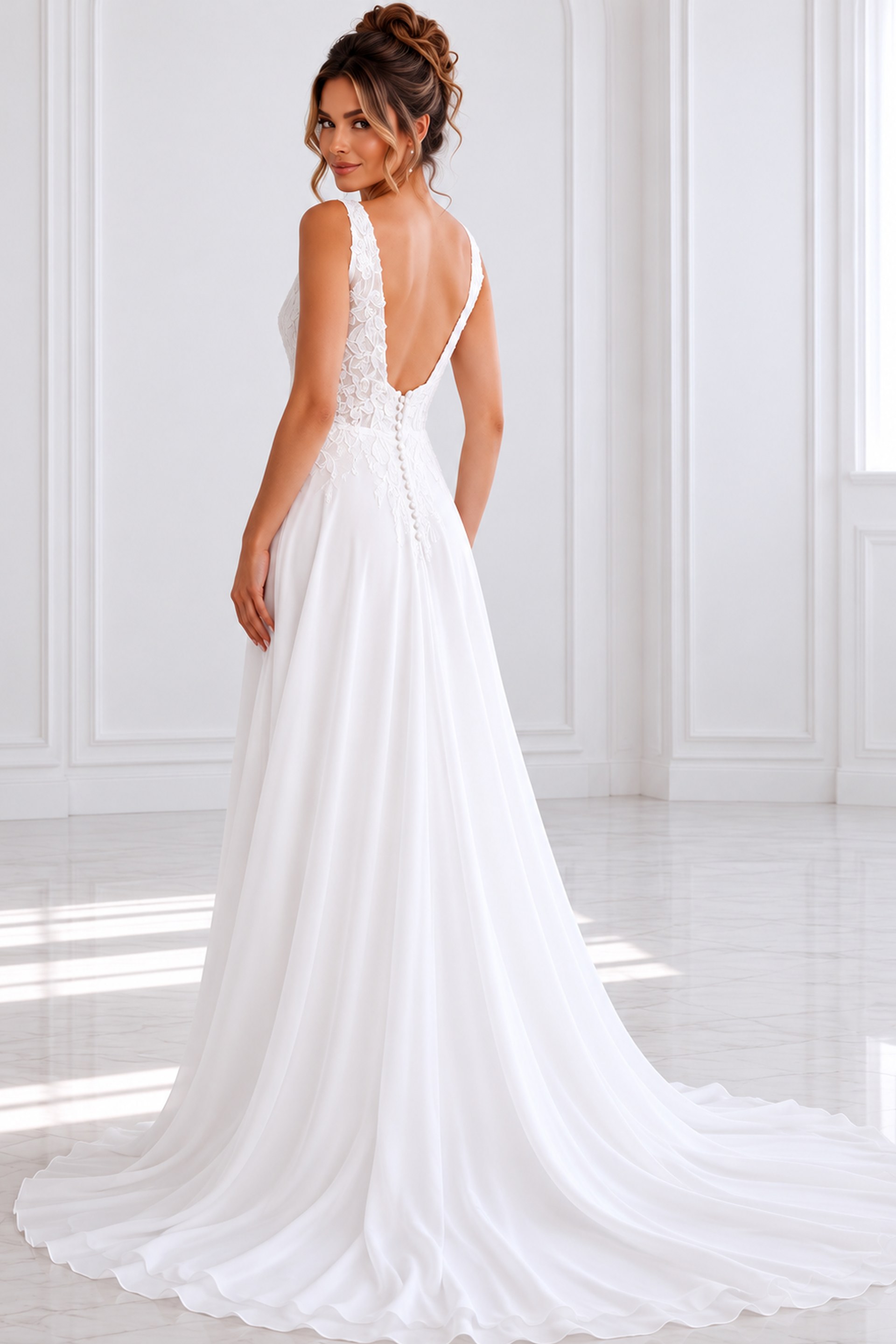 ivory floral lace V neck A-line wedding dress with wide straps and chiffon skirt, front view, Jovani Bridal style JB43905