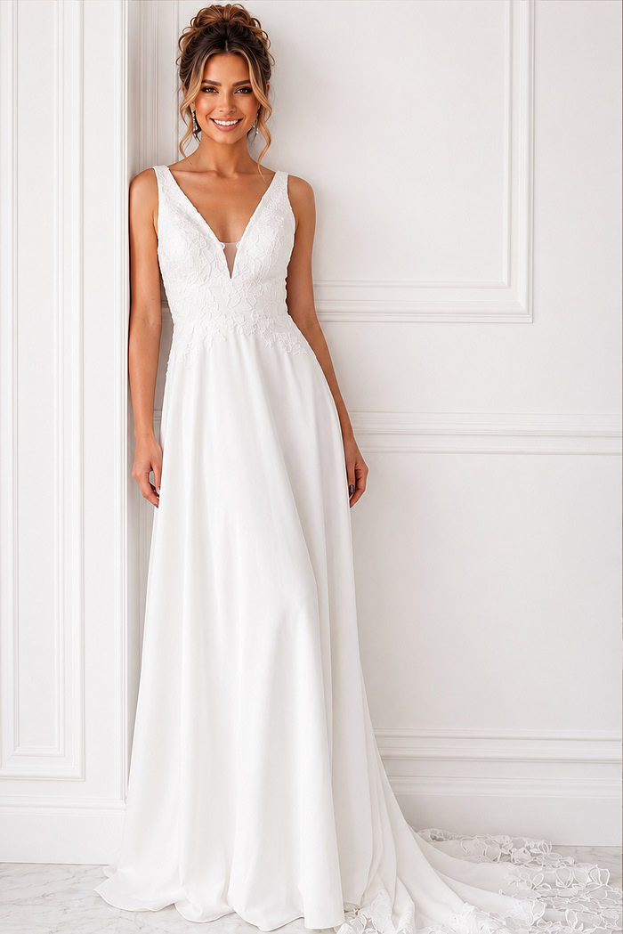 ivory floral lace V neck A-line wedding dress with wide straps and chiffon skirt, front view, Jovani Bridal style JB43905