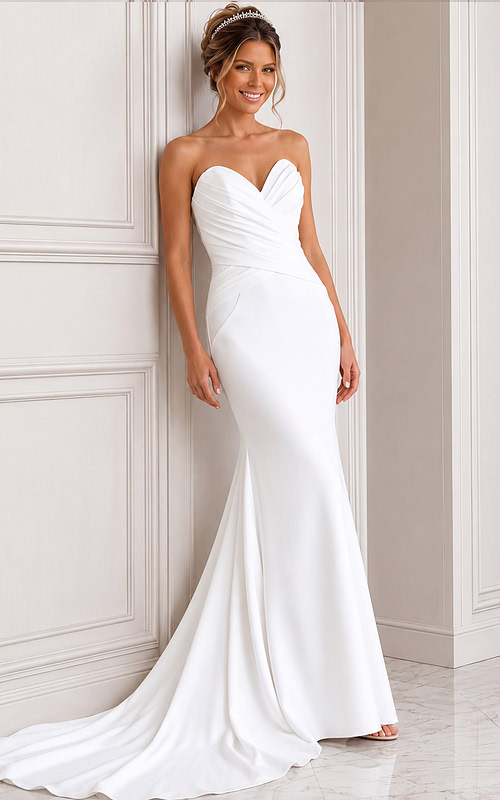 white satin strapless fitted mermaid wedding dress with sweetheart neckline and ruched crossover bodice, front view, Jovani Bridal style JB45112
