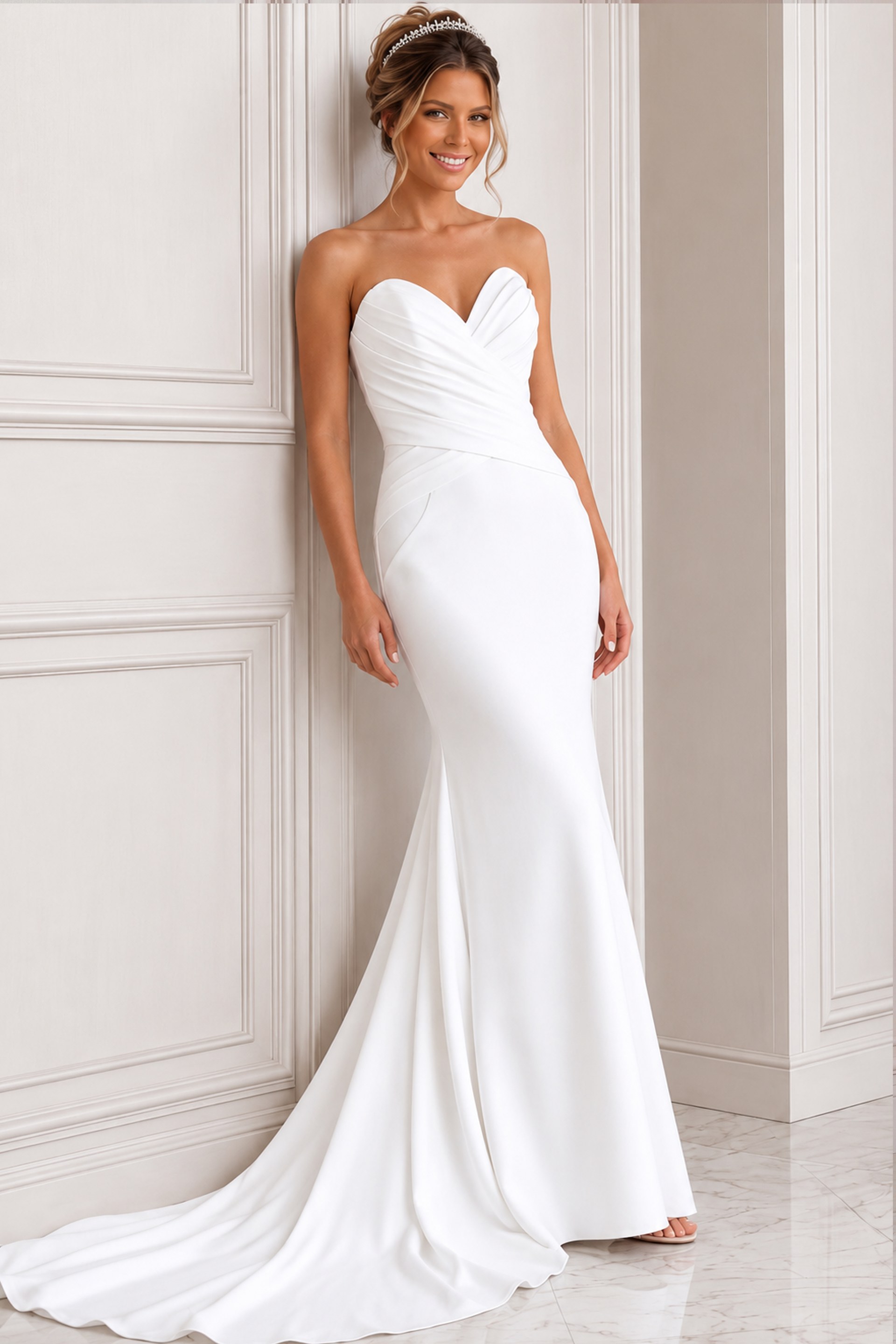 white satin strapless fitted mermaid wedding dress with sweetheart neckline and ruched crossover bodice, front view, Jovani Bridal style JB45112