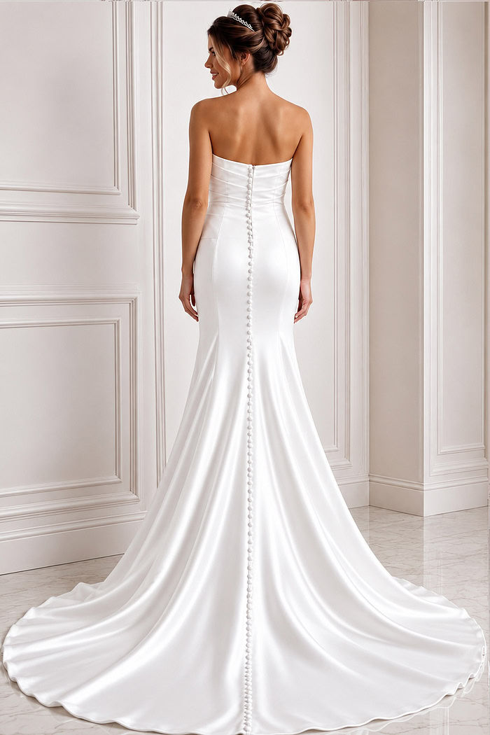 white satin strapless fitted mermaid wedding dress with sweetheart neckline and ruched crossover bodice, front view, Jovani Bridal style JB45112
