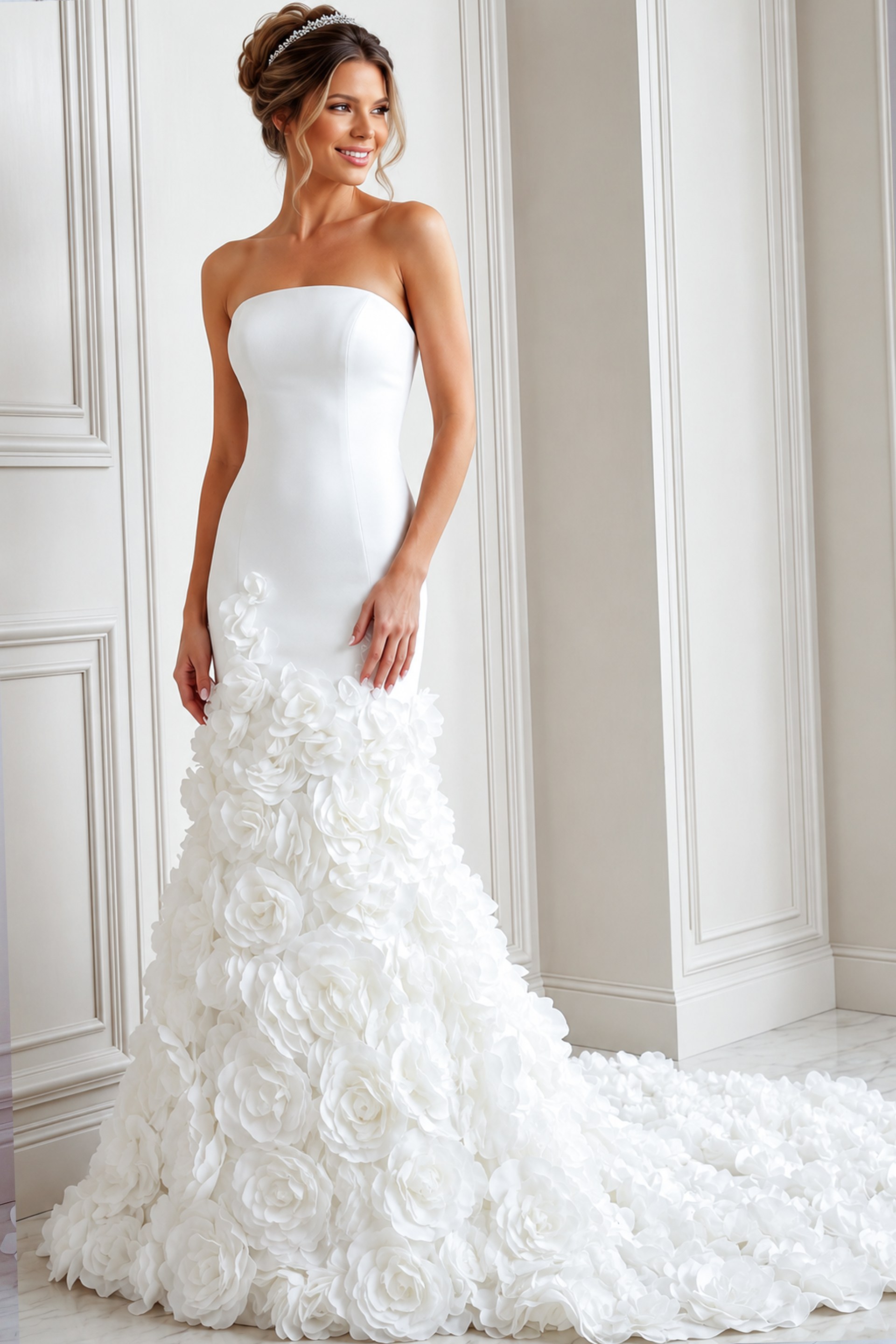 white satin strapless fitted mermaid wedding dress with straight neckline and 3D rosette skirt, front view, Jovani Bridal style JB45120