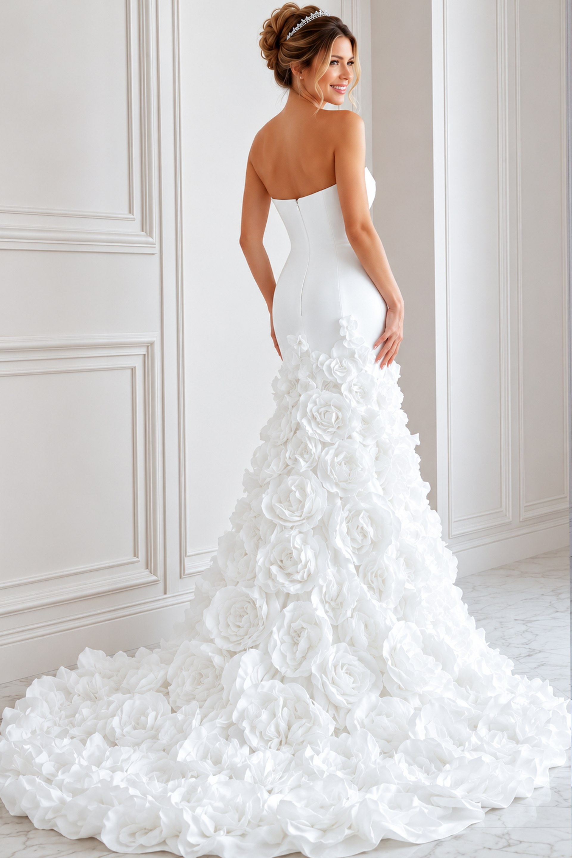 white satin strapless fitted mermaid wedding dress with straight neckline and 3D rosette skirt, front view, Jovani Bridal style JB45120