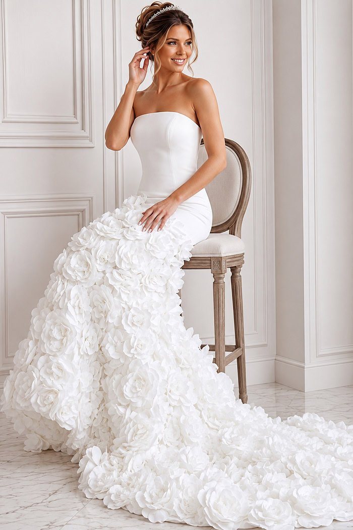 white satin strapless fitted mermaid wedding dress with straight neckline and 3D rosette skirt, front view, Jovani Bridal style JB45120
