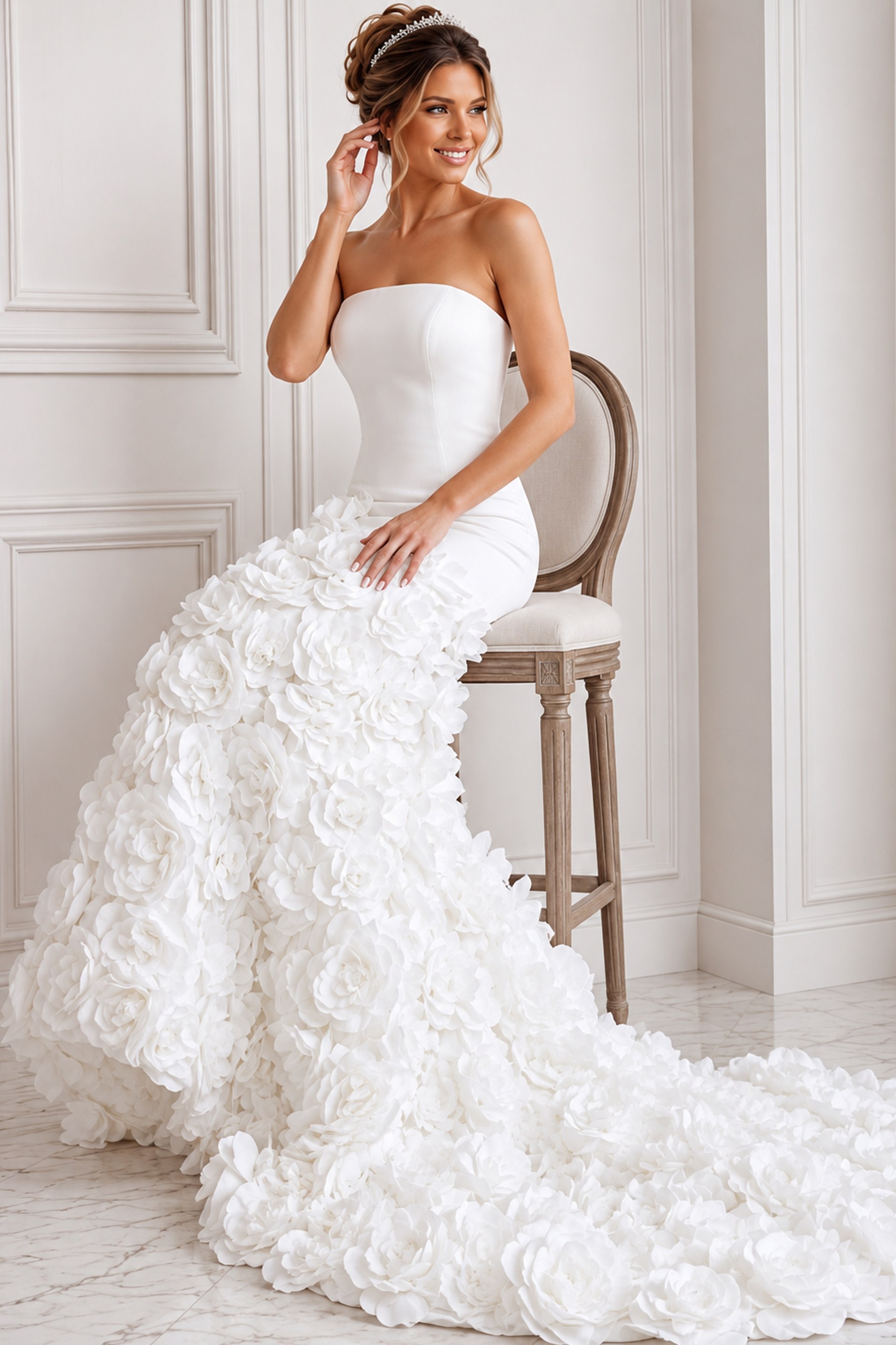 white satin strapless fitted mermaid wedding dress with straight neckline and 3D rosette skirt, front view, Jovani Bridal style JB45120