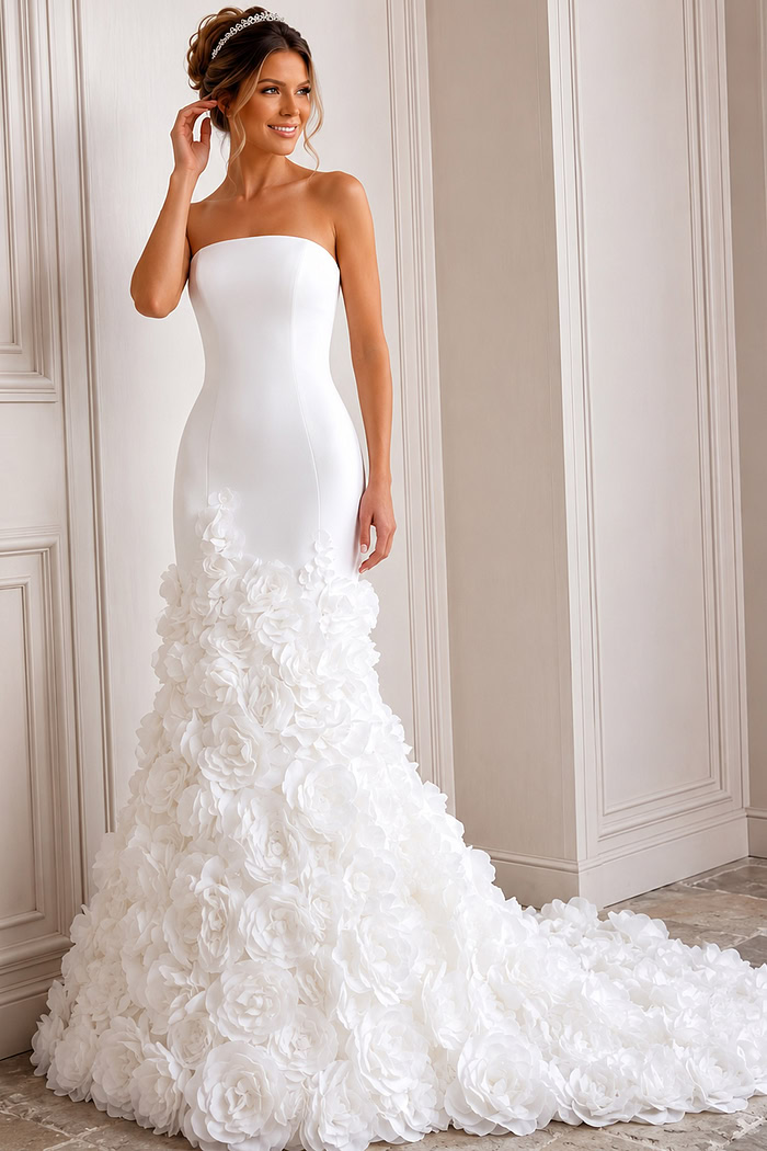 white satin strapless fitted mermaid wedding dress with straight neckline and 3D rosette skirt, front view, Jovani Bridal style JB45120