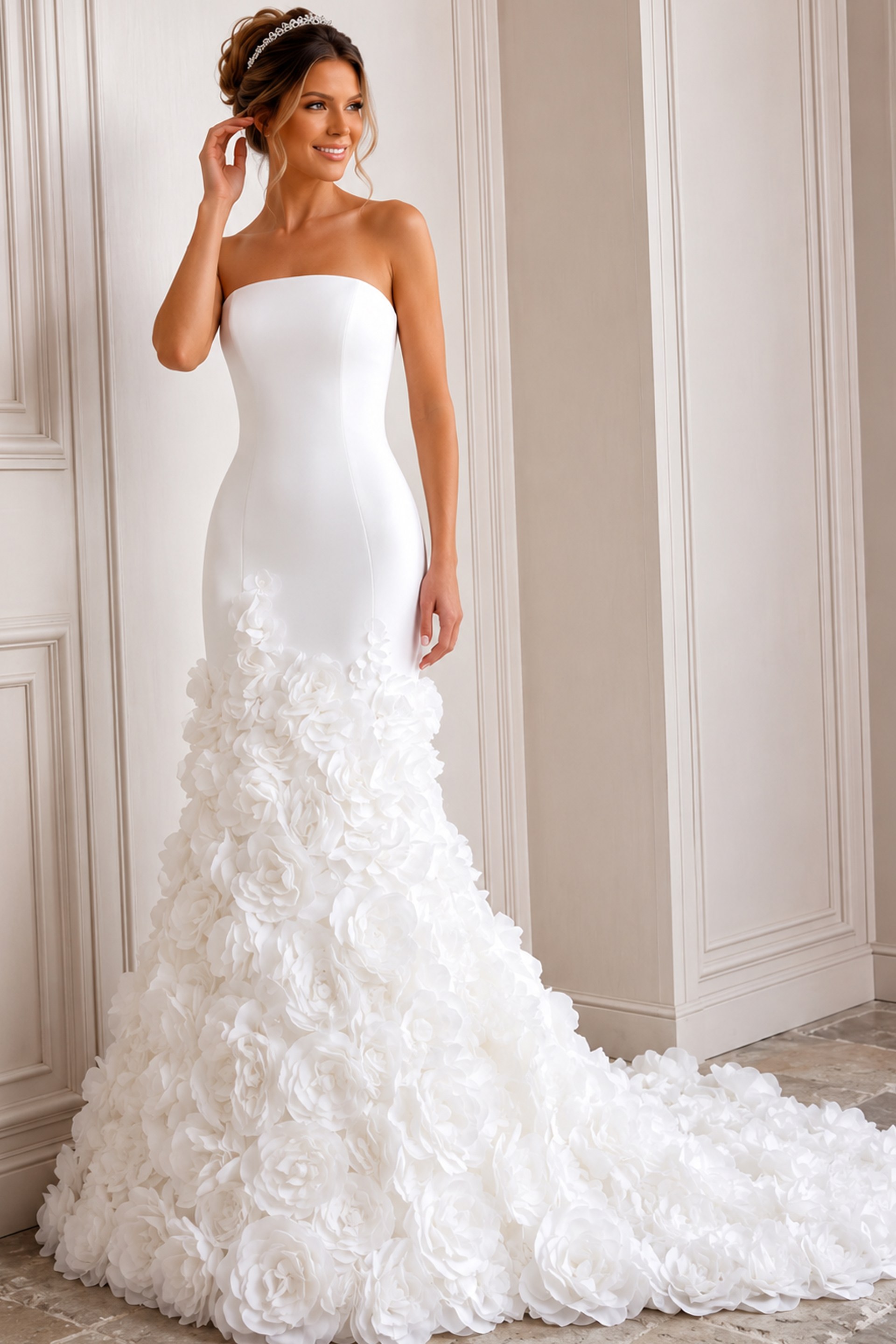 white satin strapless fitted mermaid wedding dress with straight neckline and 3D rosette skirt, front view, Jovani Bridal style JB45120