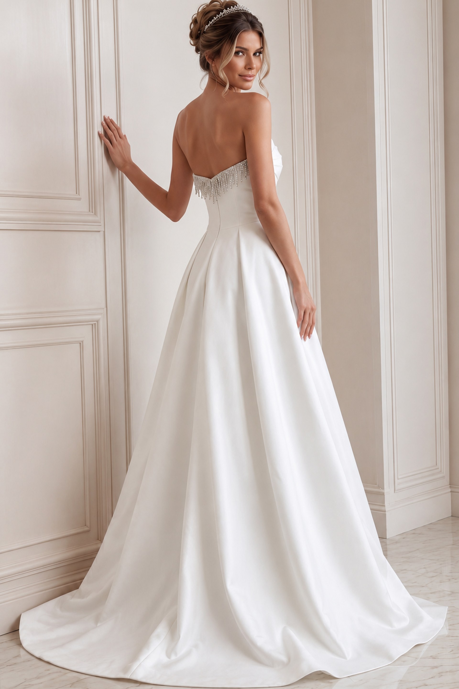 white satin strapless A-line wedding dress with beaded sweetheart neckline, peplum and high slit, front view, Jovani Bridal style JB45132