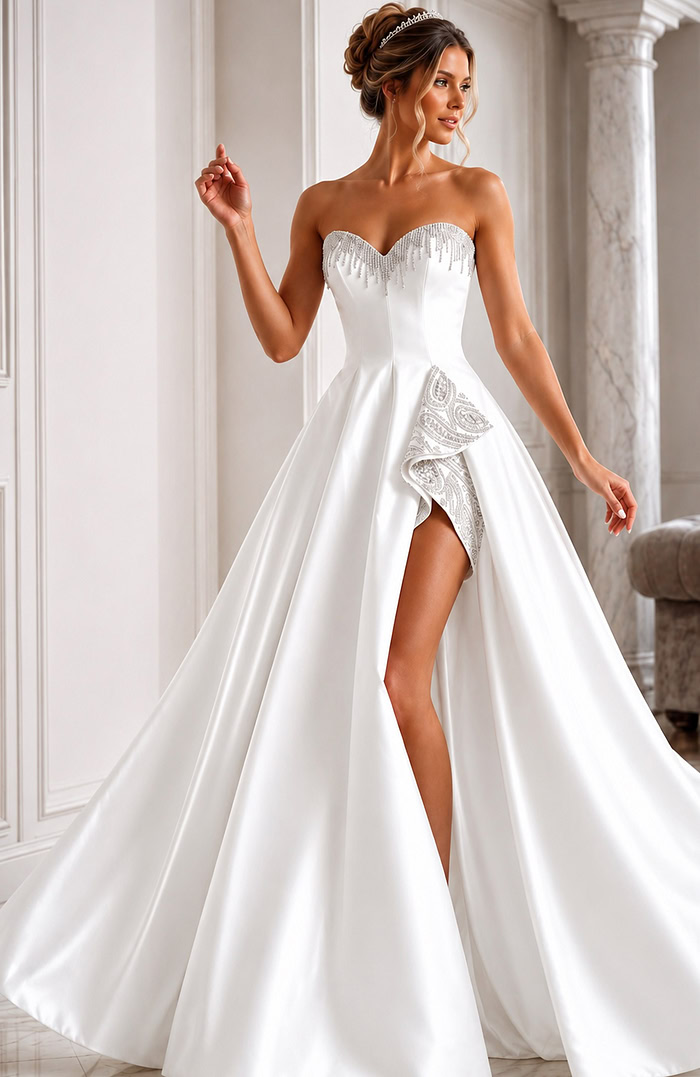 white satin strapless A-line wedding dress with beaded sweetheart neckline, peplum and high slit, front view, Jovani Bridal style JB45132