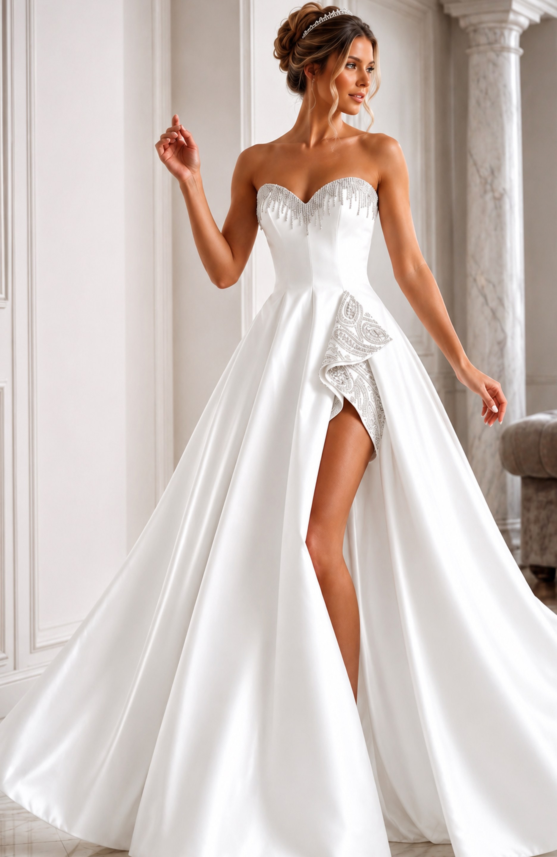 white satin strapless A-line wedding dress with beaded sweetheart neckline, peplum and high slit, front view, Jovani Bridal style JB45132