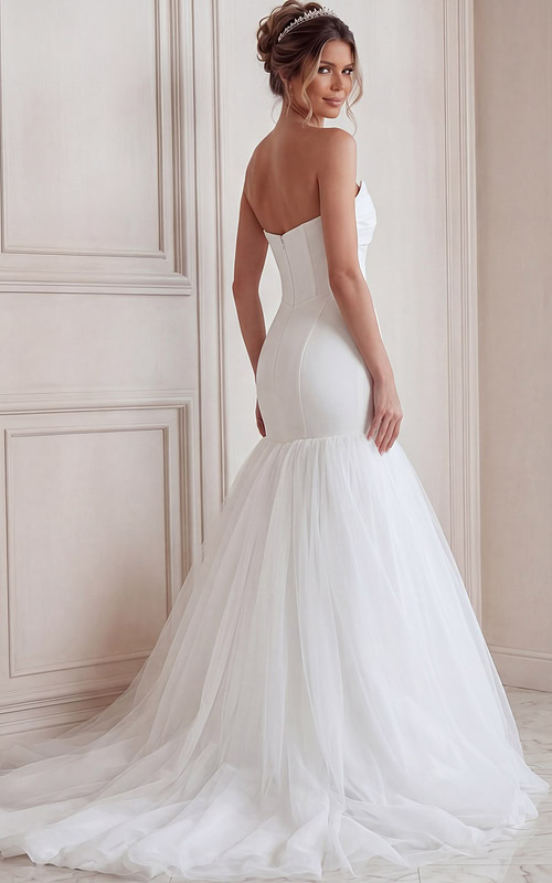 ivory satin strapless fit and flare wedding dress with sweetheart neckline and tulle drop skirt, front view, Jovani Bridal style JB45361