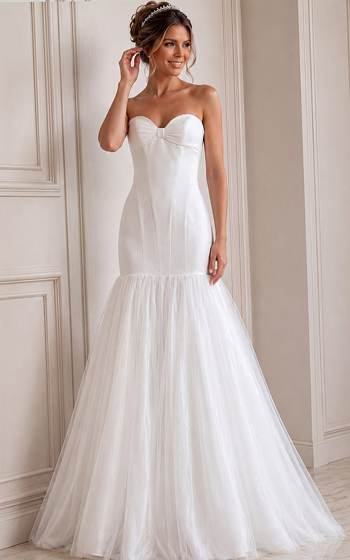ivory satin strapless fit and flare wedding dress with sweetheart neckline and tulle drop skirt, front view, Jovani Bridal style JB45361