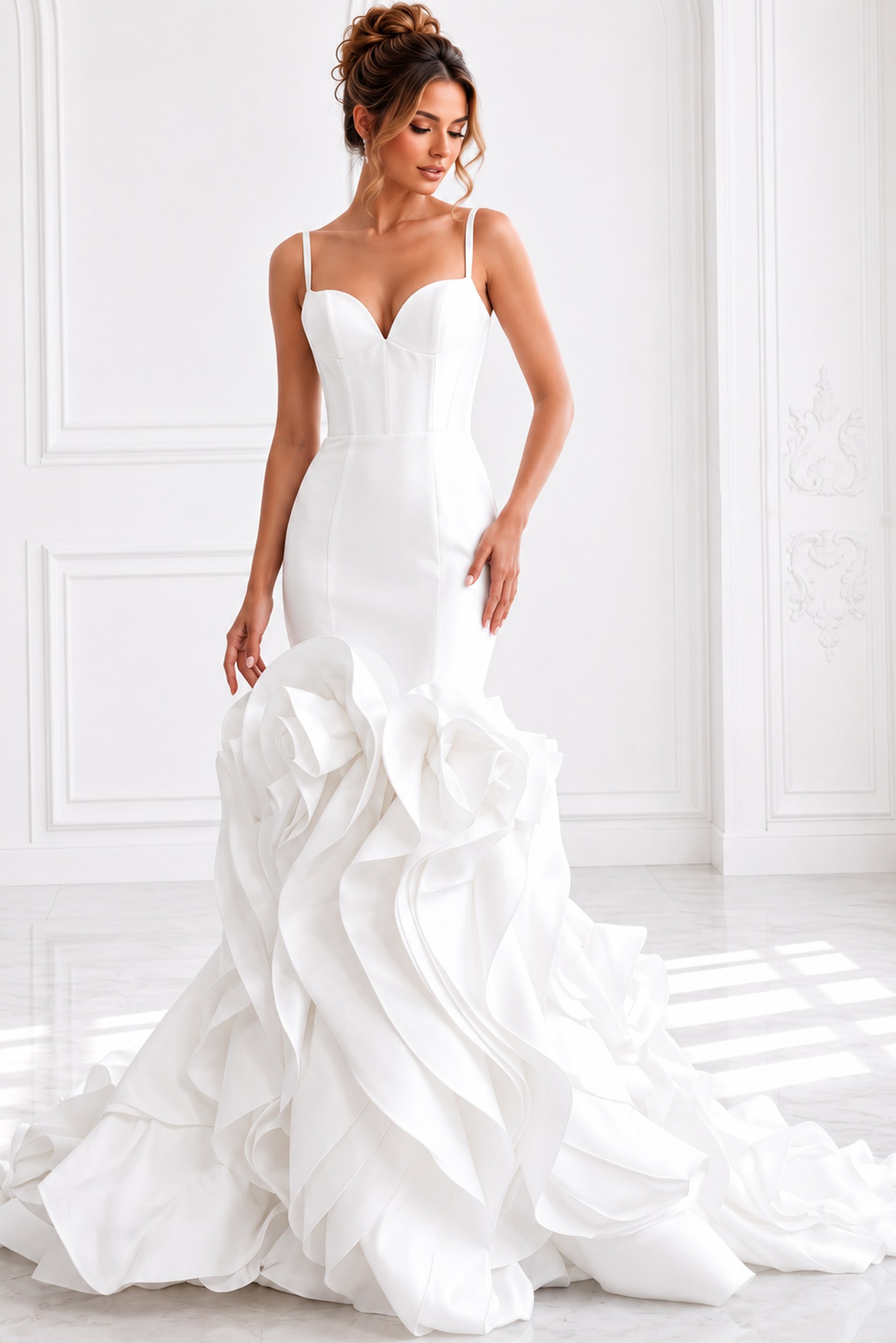 ivory satin sleeveless fit and flare wedding dress with sweetheart neckline, thin straps and ruffled organza skirt, front view, Jovani Bridal style JB45569