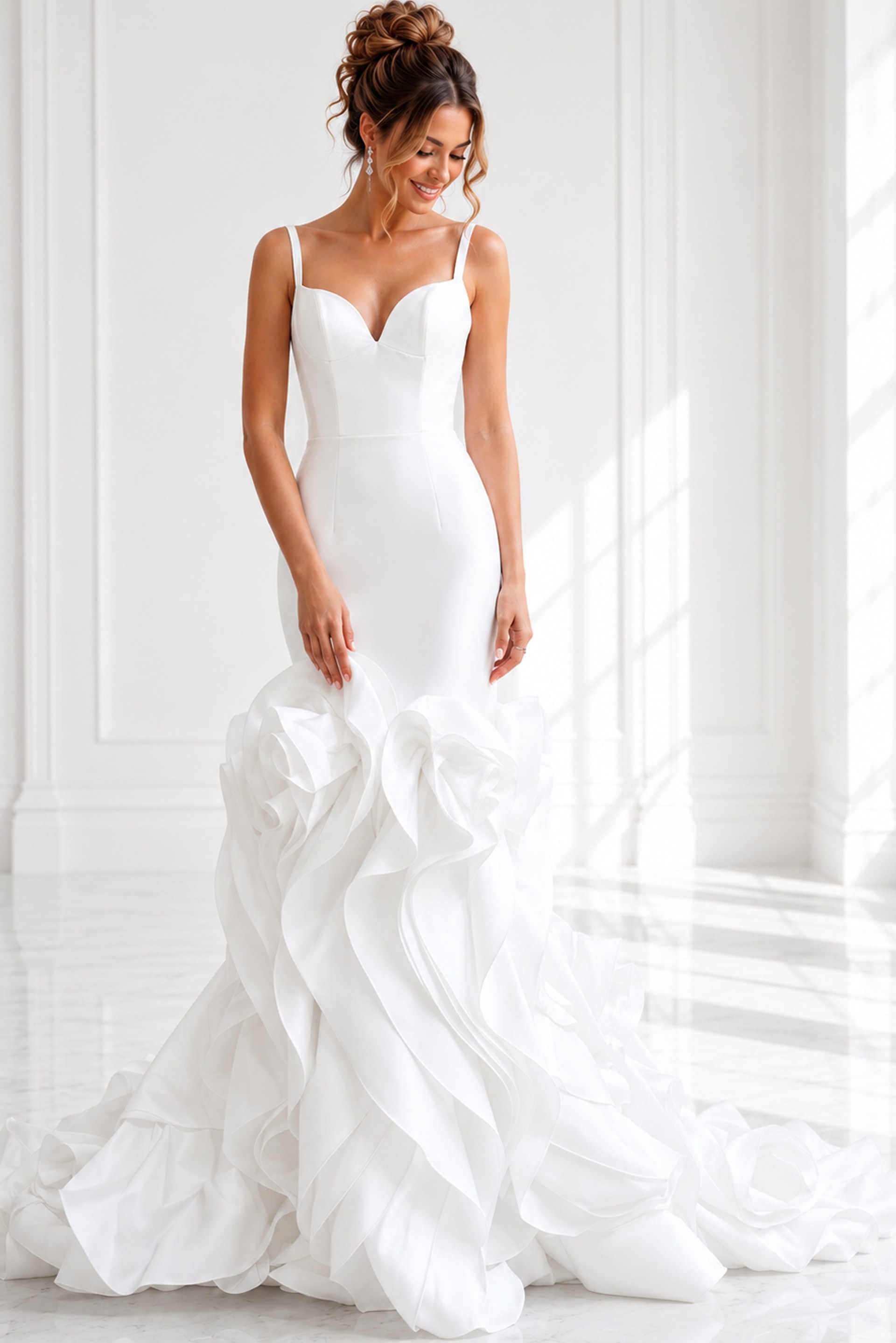 ivory satin sleeveless fit and flare wedding dress with sweetheart neckline, thin straps and ruffled organza skirt, front view, Jovani Bridal style JB45569