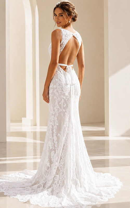 ivory floral lace fitted mermaid wedding dress with high neckline and open keyhole back, front view, Jovani Bridal style JB45671