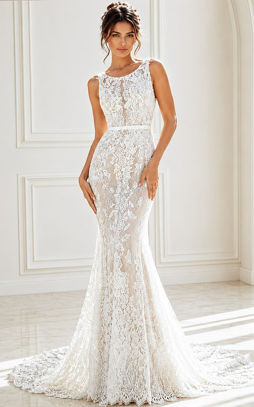 ivory floral lace fitted mermaid wedding dress with high neckline and open keyhole back, front view, Jovani Bridal style JB45671
