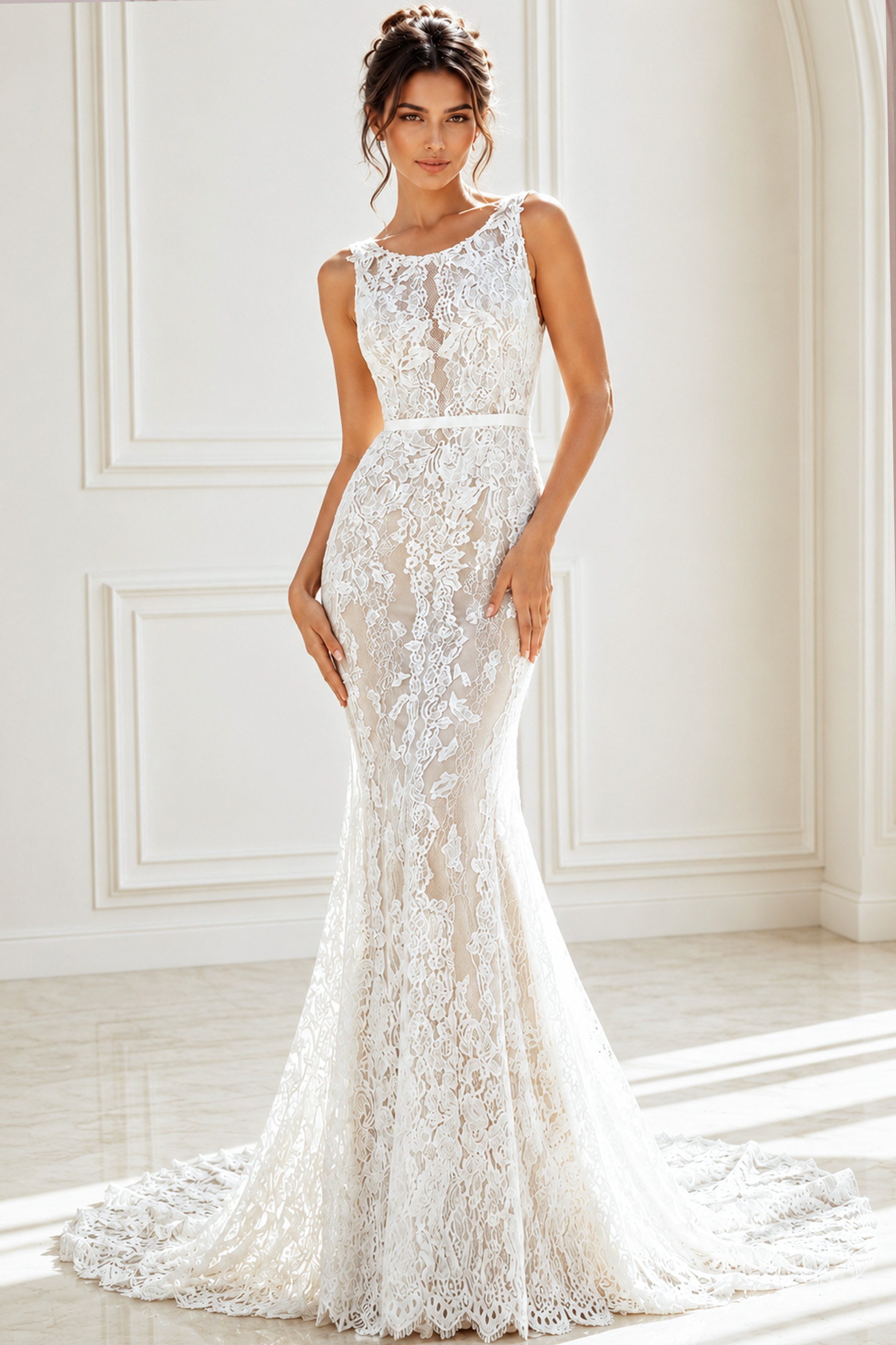 ivory floral lace fitted mermaid wedding dress with high neckline and open keyhole back, front view, Jovani Bridal style JB45671