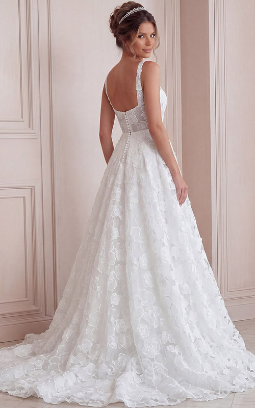 ivory 3D floral lace A-line wedding dress with wide straps, open back and pearl buttons, front view, Jovani Bridal style JB45834