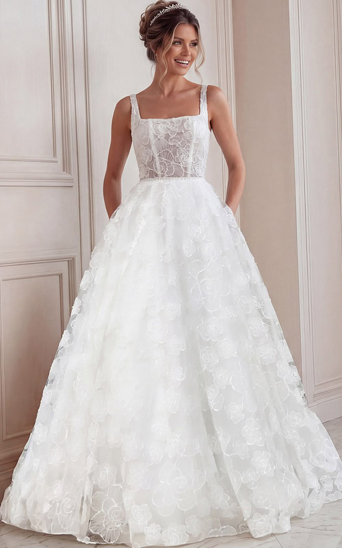 ivory 3D floral lace A-line wedding dress with wide straps, open back and pearl buttons, front view, Jovani Bridal style JB45834