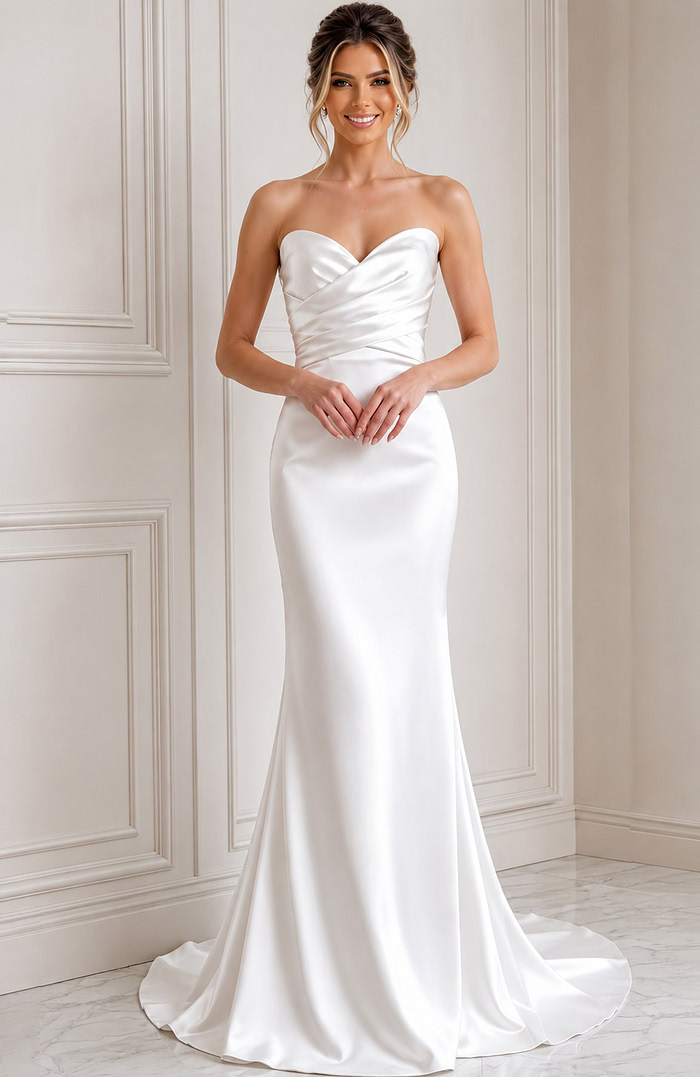 white satin strapless fit and flare wedding dress with sweetheart neckline and crossover ruched bodice, front view, Jovani Bridal style JB45837