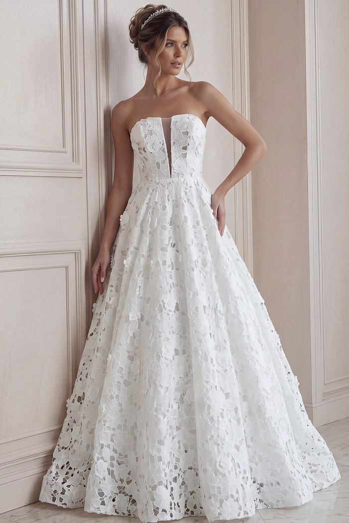 ivory floral lace strapless ballgown wedding dress with sweetheart neckline and sheer corset bodice, front view, Jovani Bridal style JB45912