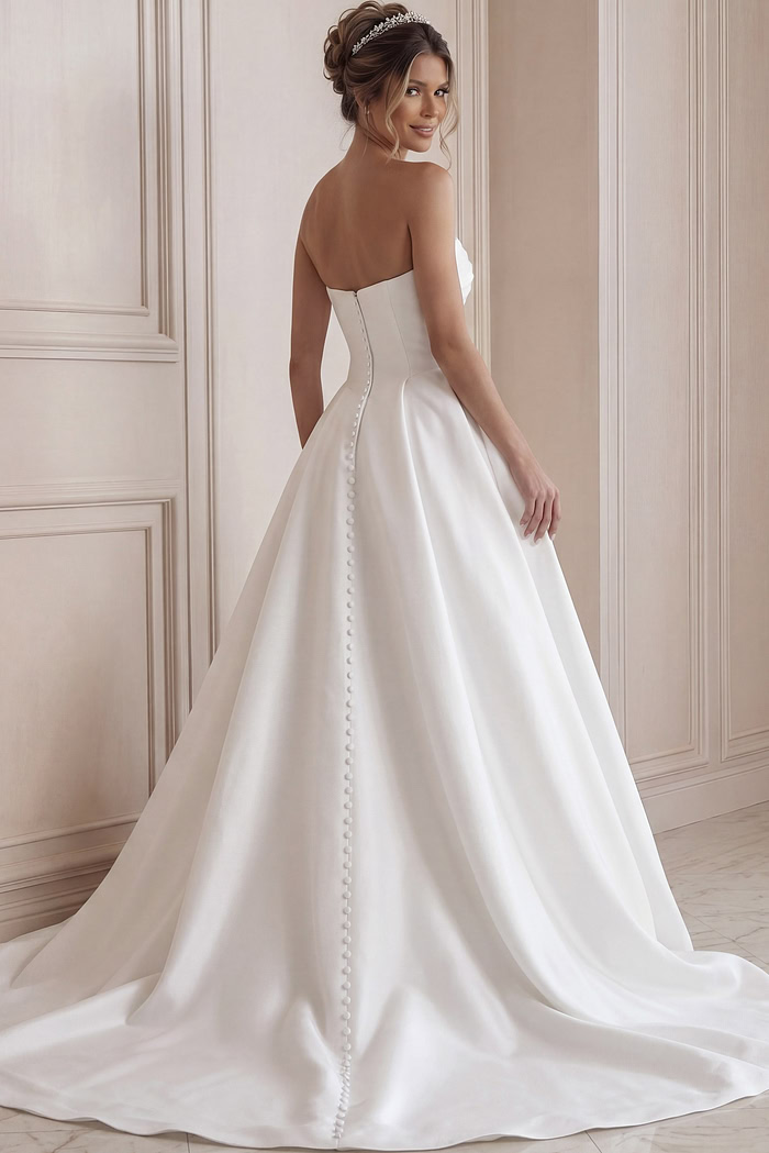 ivory satin strapless A-line wedding dress with sweetheart neckline and pearl button back, front view, Jovani Bridal style JB46880