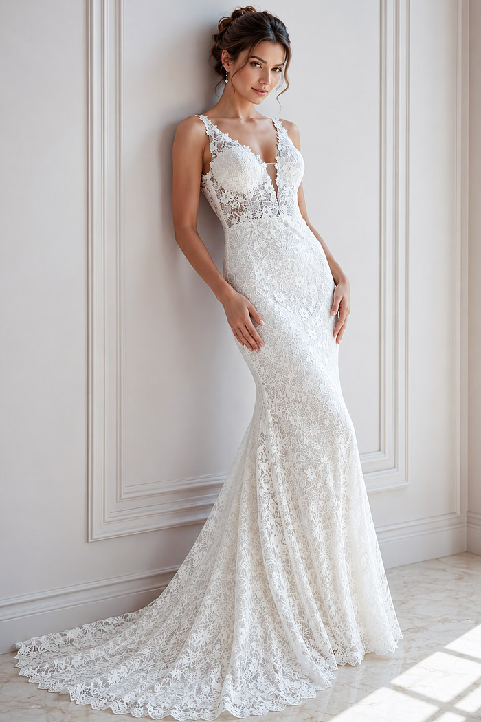ivory floral lace fitted mermaid wedding dress with plunging V neckline and beaded straps, front view, Jovani Bridal style JB47331