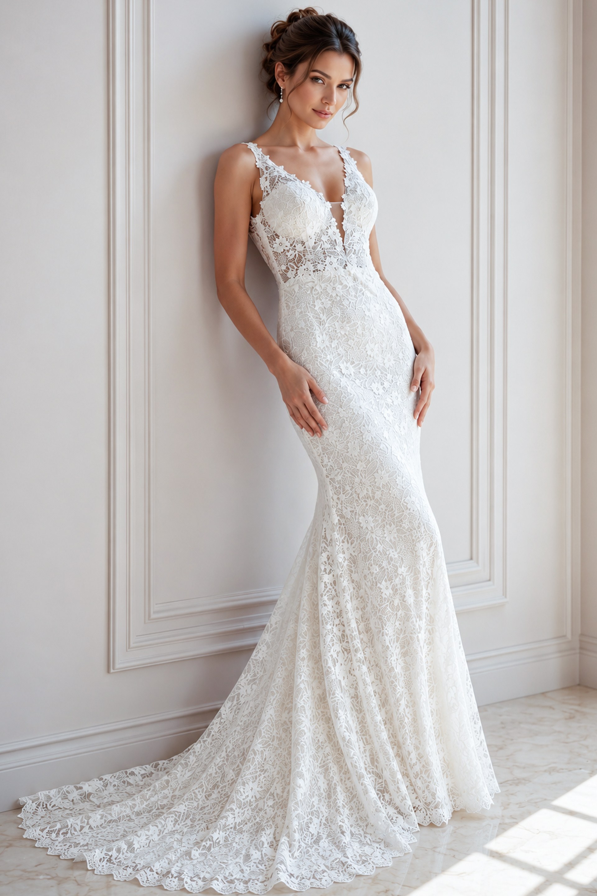 ivory floral lace fitted mermaid wedding dress with plunging V neckline and beaded straps, front view, Jovani Bridal style JB47331
